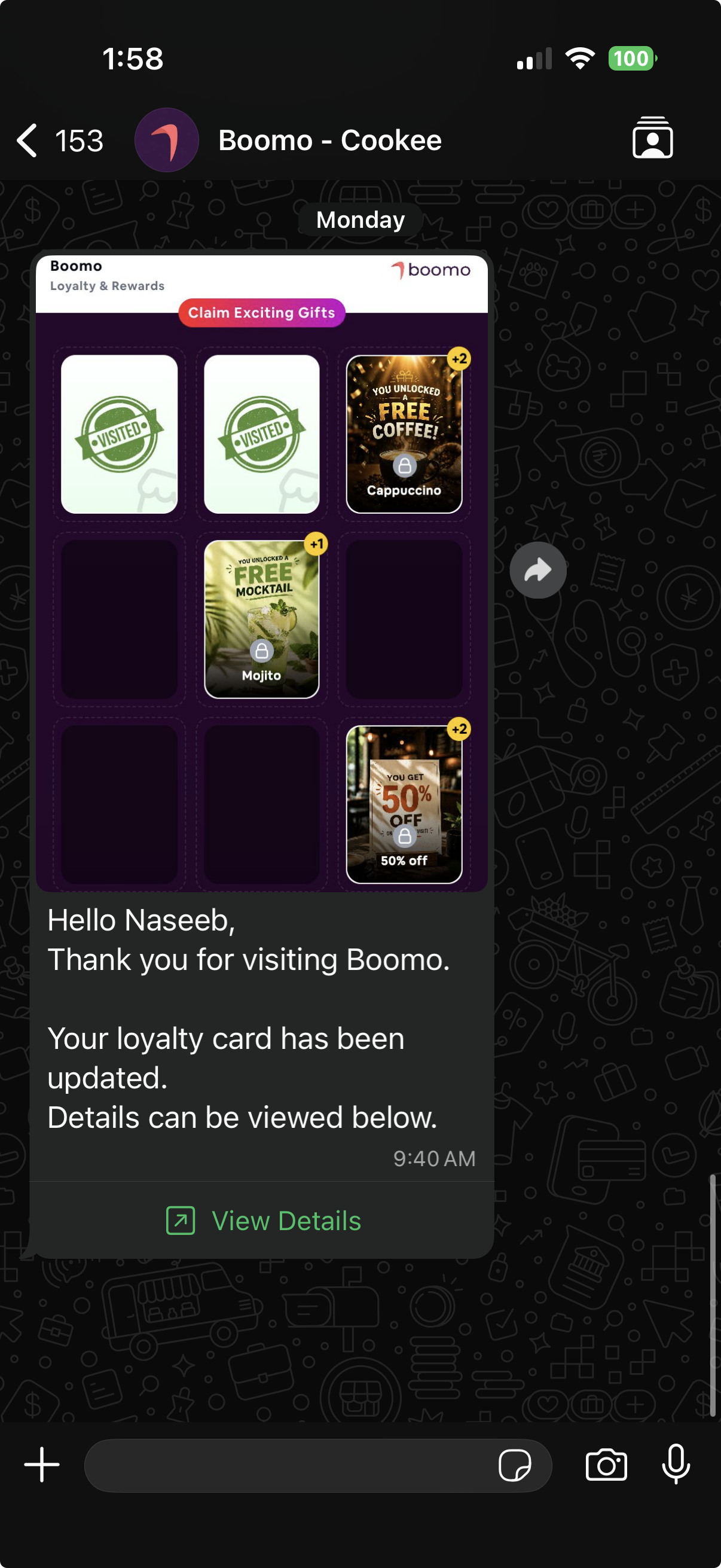 WhatsApp showing a Boomo loyalty card with rewards
